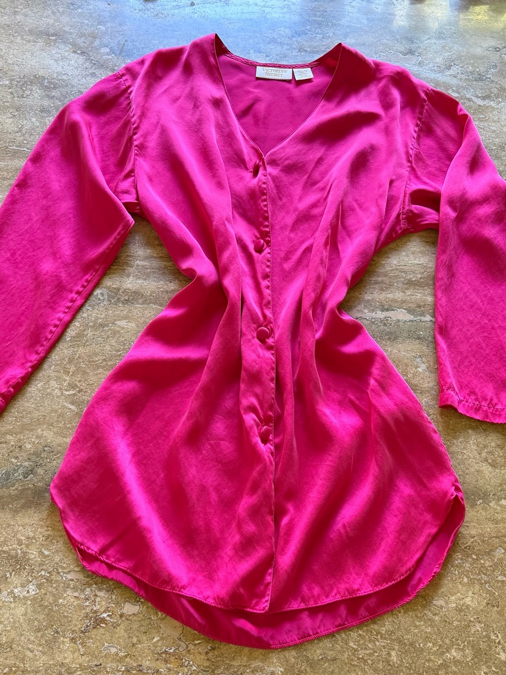 Vintage Victoria's Secret Gold Label Hot Pink Silk Sleep Shirt Tunic Top, S